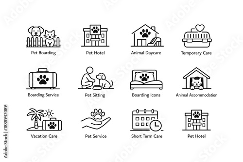 Icon set illustrating various pet care services and animal boarding options