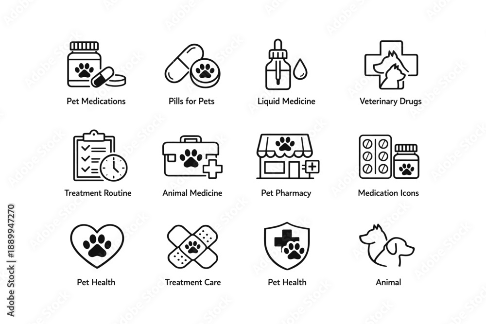 Fototapeta premium Comprehensive pet medication and health icons set