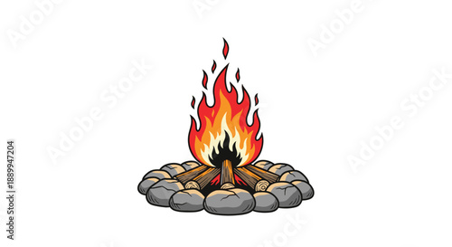 Warm campfire with orange and yellow flames burning on wooden logs surrounded by a circle of gray stones in a flat style.
