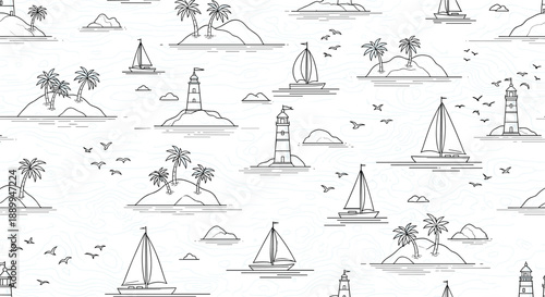 Nautical seamless pattern with lighthouses on islands, sailboats on the water, and seagulls flying in a minimalist line art style.