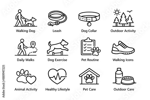 Icons of dog walking and pet care: activities, equipment, and healthy lifestyle