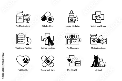 Pet medication icons: pills, liquid, veterinary drugs, pharmacy, treatment care