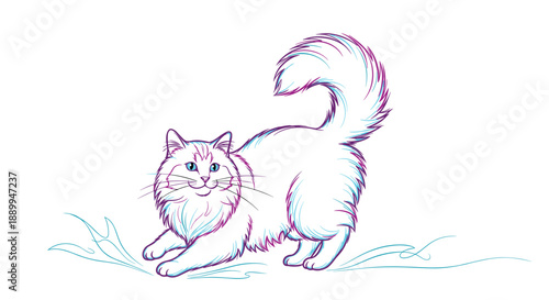 Playful long-haired white cat with blue eyes sketched with purple and blue outlines for a creative and artistic look.