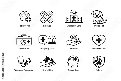 Pet first aid icons: emergency care and safety symbols for veterinary services