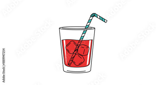 Glass of red beverage filled with ice cubes and a blue striped straw depicted in a clean and colorful illustration style.