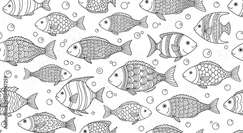 Intricate seamless pattern of diverse fish with unique geometric designs and bubbles for a complex underwater coloring texture.