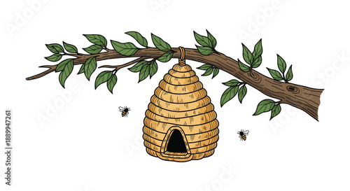 Natural beehive hanging from a leafy tree branch with several bees flying around in a detailed vintage-style color illustration.