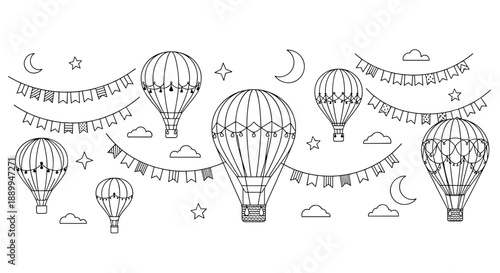 Whimsical coloring page featuring decorated hot air balloons floating among stars, clouds, and festive flags in the sky.