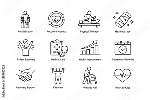 Rehabilitation and recovery icons for therapy and health improvement