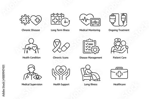 Chronic disease and medical monitoring icons: healthcare, patient care, treatment, supervision, support