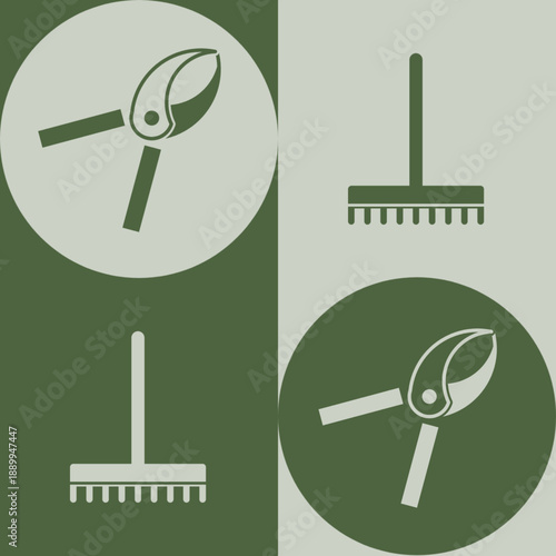 Garden Tools Icon Set with Pruning Shears and Rake in Green Flat Style