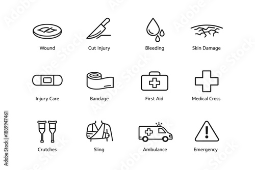 Healthcare icons: wound, cut, bleeding, skin damage, first aid symbols