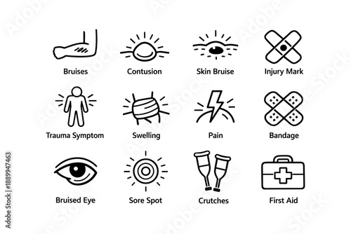 Injury icon set: bruises, contusions, swelling, pain, first aid symbols