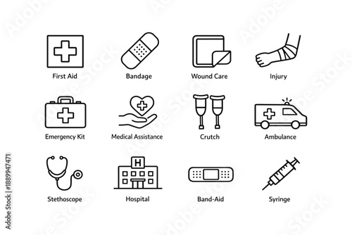 Medical symbols: first aid, bandage, wound care, emergency, hospital icons
