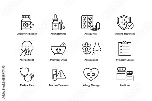 Allergy medication and treatment icons set with medical symbols