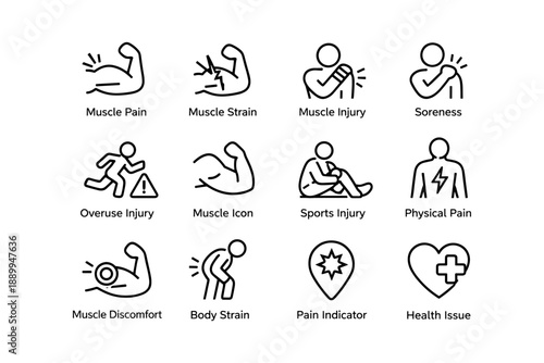 Muscle strain and injury icons: health, pain, sports, discomfort, medical symbols