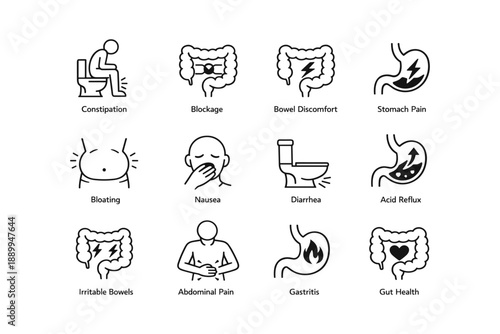 Digestive health icons: constipation, bloating, diarrhea, stomach pain symptoms