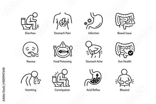 Illustrated icons depicting digestive health issues and symptoms