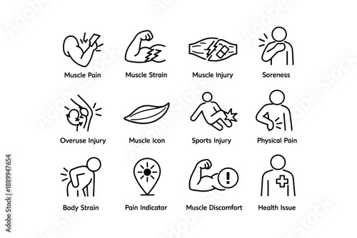 Muscle pain and injury icons depicting discomfort and health issues in line art styles