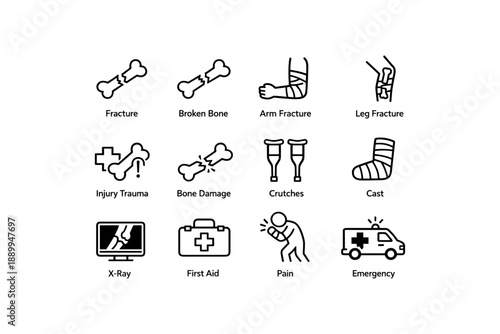 Medical icons: fracture, crutches, x-ray, first aid, emergency care symbols