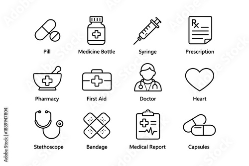 Medical icons set: pills, medicine bottle, syringe, prescription, heart, doctor, first aid
