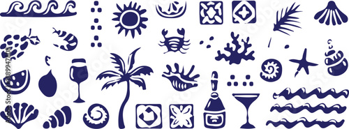 hand drawn doodle beach bule icons set vector illustration collection 
