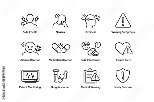 Healthcare alert icons: side effects, warning, reaction, medication, safety