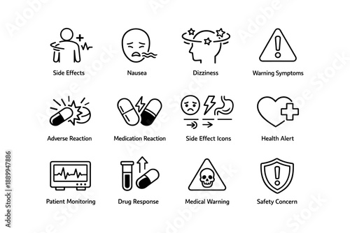 Medical icons depicting side effects, reactions, and warnings