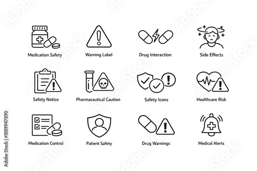 Healthcare icons set highlighting medication safety and healthcare risks