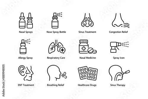 Nasal treatments and respiratory care icons for sinus relief and allergy management