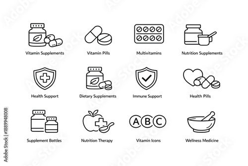 Vitamin and health supplements icons for nutrition and wellness