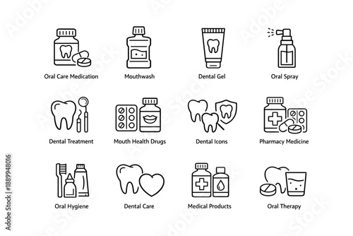 Oral care products and icons for dental health and treatment