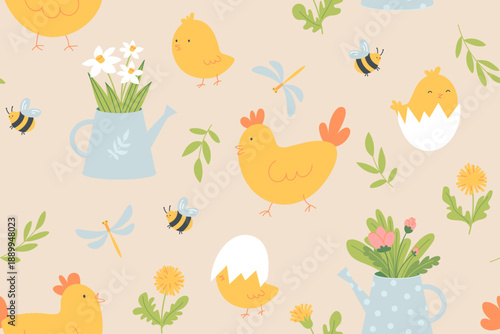 Seamless spring pattern with chickens and chicks, cracked eggs, flowers, insects, and green leaves. Fresh and bright background, perfect for Easter, kids designs, and spring decor.