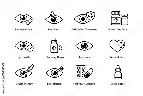 Eye care icons: medication, drops, ophthalmic treatments, and vision health
