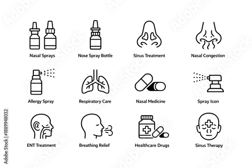 Medical icons for nasal and sinus treatment: sprays, medicine, respiratory care