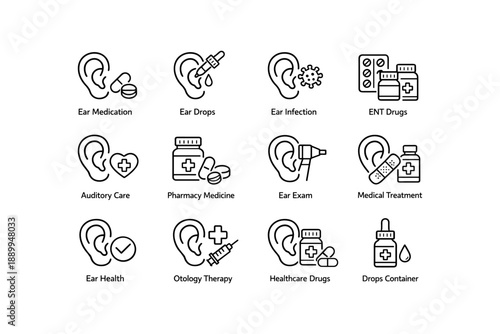 Medical ear care icons collection: medication, drops, infection, healthcare, therapy