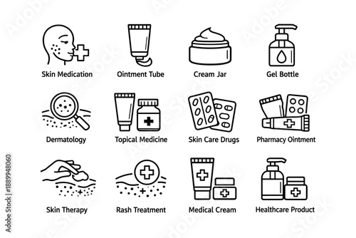 Skin care icons: medications, ointments, creams, and dermatology products