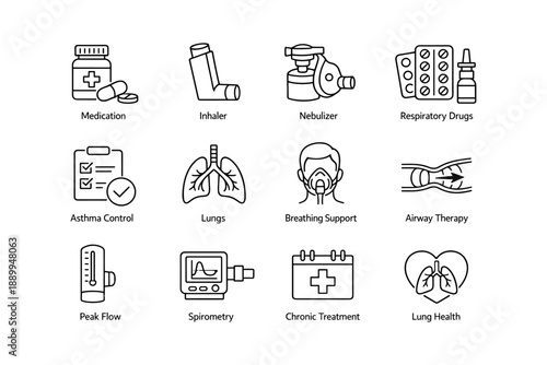 Medical icons for respiratory health: inhaler, nebulizer, medication, lungs, therapy