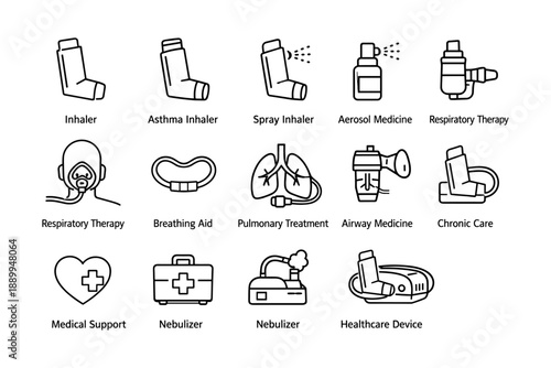 Inhalers and respiratory therapy icons for pulmonary care and medical support