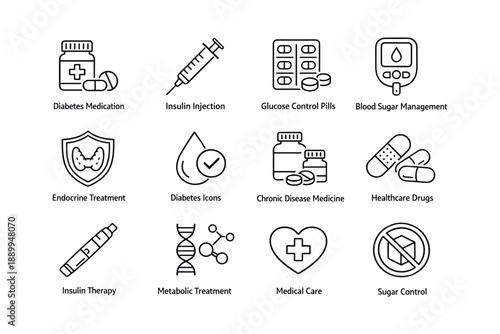 Diabetes management icons: medication, insulin, glucose control, blood sugar, healthcare
