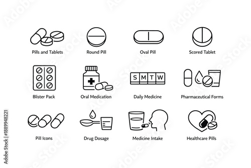 Medicine and pharmaceutical icons: pills, tablets, dosage, packs, and healthcare symbols