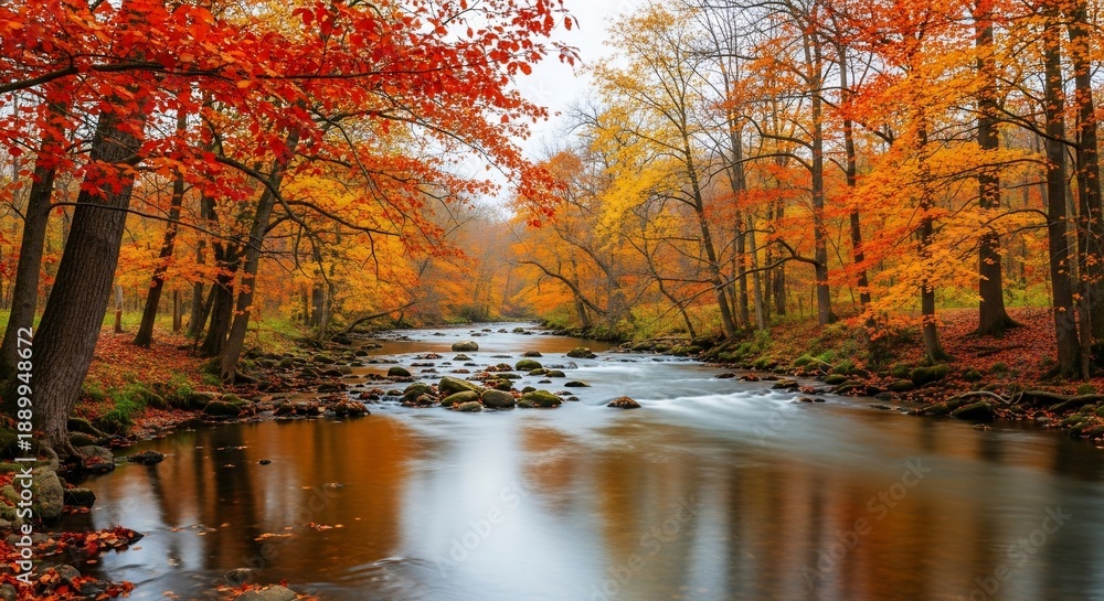 Obraz premium Serene autumn forest with a gently flowing river.