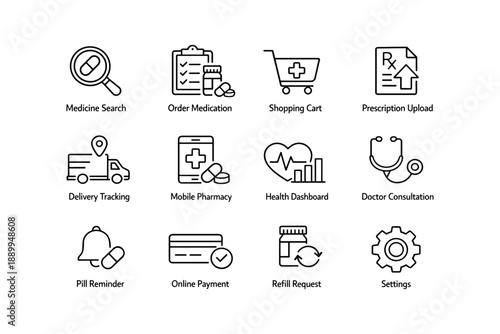 Healthcare icons: medicine search, order, delivery, and online services