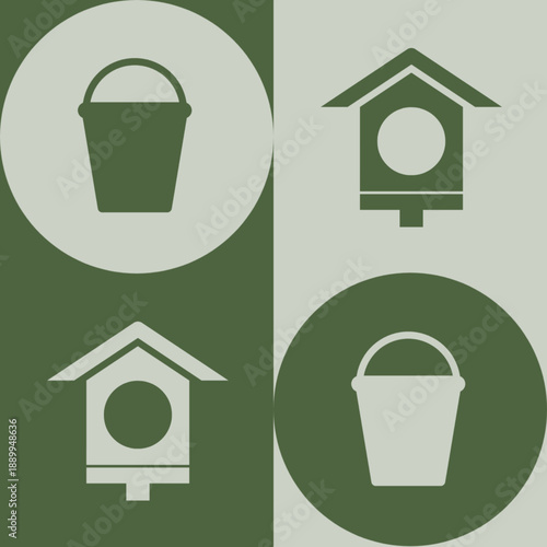 Minimal agriculture icon set with bucket and birdhouse symbols in green tones.