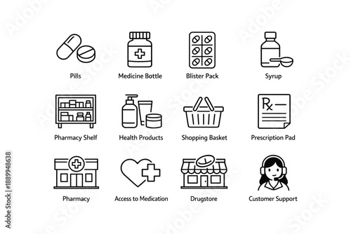 Pharmacy icons: pills, medicine bottle, blister pack, syrup, health products