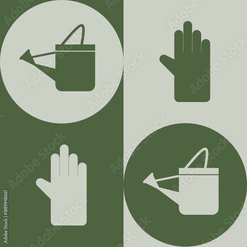 Minimal agriculture icon set showing watering can and work glove in green tones.