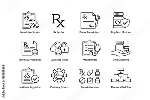 Medical and pharmacy icons: prescription, medication, healthcare, rx symbol, drug regulation
