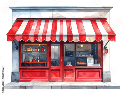 Charming red and white striped awning over a quaint watercolor illutrastion transparent background
