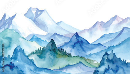 Blue and Teal Mountain Range Landscape Watercolor Painting illutrastion transparent background