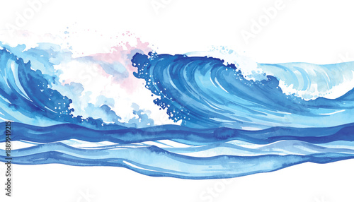 Dynamic watercolor painting of a powerful ocean wave crashing with illutrastion transparent background